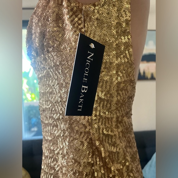 Nicole Bakti Sz Small Gold Sequin Full Length Evening Gown Dress Holiday NWT - Picture 8 of 10